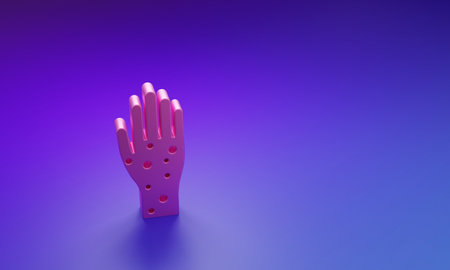 Pink Hand with psoriasis or eczema icon isolated on purple-blue background. Concept of human skin response to allergen or chronic body problem. Minimalism concept. 3D render illustration.の写真素材