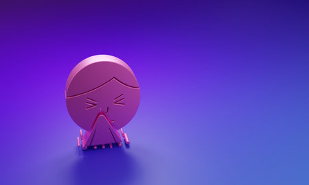 Pink character holding handkerchief or napkin to his runny nose icon isolated on purple-blue background. Coryza disease symptoms. Minimalism concept. 3D render illustration.の写真素材