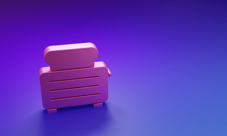 Pink Toaster with toasts icon isolated on purple-blue background. Minimalism concept. 3D render illustration.の写真素材