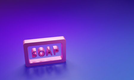 Pink Bar of soap icon isolated on purple-blue background. Soap bar with bubbles. Minimalism concept. 3D render illustration.の写真素材