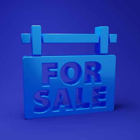 Blue Hanging sign with text For Sale icon isolated on blue background. Signboard with text For Sale. Minimalism concept. 3D render illustration.の写真素材