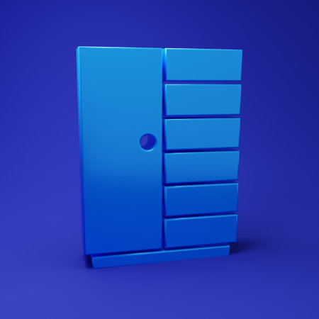 Blue Wardrobe icon isolated on blue background. Minimalism concept. 3D render illustration.の写真素材