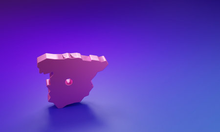 Pink Map of Spain icon isolated on purple-blue background. Minimalism concept. 3D render illustration.の写真素材