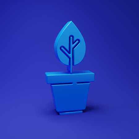 Blue Plant in pot icon isolated on blue background. Plant growing in a pot. Potted plant sign. Minimalism concept. 3D render illustration.の写真素材