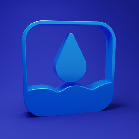 Blue Water drop icon isolated on blue background. Minimalism concept. 3D render illustration.の写真素材