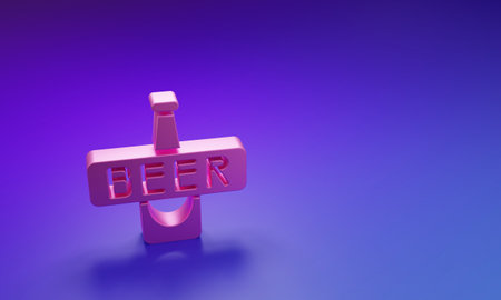 Pink Beer bottle icon isolated on purple-blue background. Minimalism concept. 3D render illustration.の写真素材