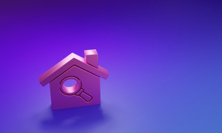 Pink Search house icon isolated on purple-blue background. Real estate symbol of a house under magnifying glass. Minimalism concept. 3D render illustration.の写真素材