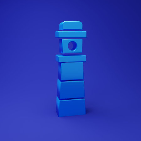 Blue Lighthouse icon isolated on blue background. Minimalism concept. 3D render illustration.の写真素材