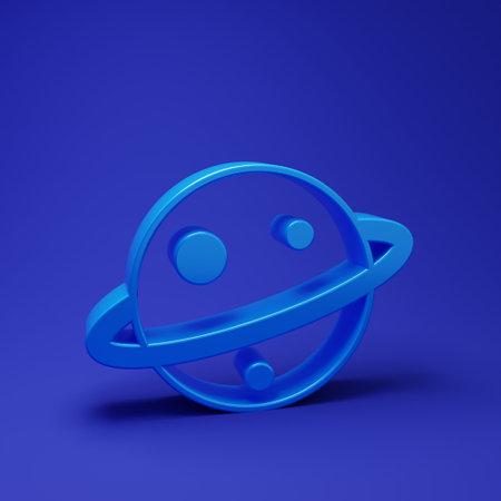 Blue Planet Saturn with planetary ring system icon isolated on blue background. Minimalism concept. 3D render illustration.の写真素材