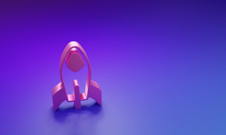 Pink Rocket ship icon isolated on purple-blue background. Space travel. Minimalism concept. 3D render illustration.の写真素材