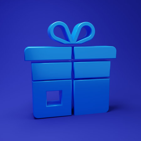 Blue Gift box icon isolated on blue background. Minimalism concept. 3D render illustration.の写真素材