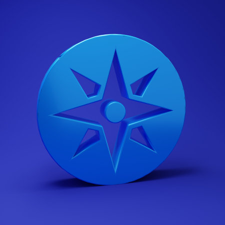 Blue Wind rose icon isolated on blue background. Compass icon for travel. Navigation design. Minimalism concept. 3D render illustration.の写真素材