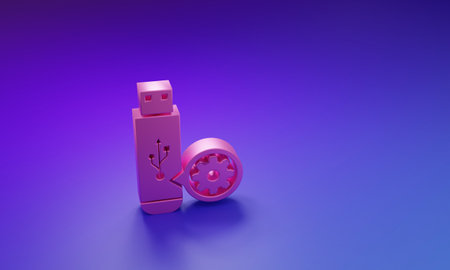 Pink USB flash drive and gear icon isolated on purple-blue background. Adjusting app, service concept, setting options, maintenance, repair, fixing. Minimalism concept. 3D render illustration.の写真素材