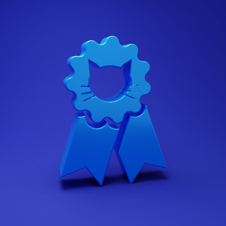 Blue Cat award symbol icon isolated on blue background. Medal with cat footprint as pets exhibition winner concept. Minimalism concept. 3D render illustration.の写真素材