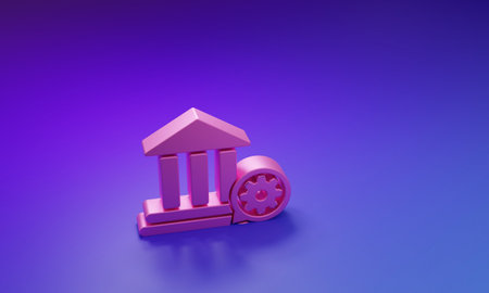 Pink Bank building and gear icon isolated on purple-blue background. Adjusting app, service concept, setting options, maintenance, repair, fixing. Minimalism concept. 3D render illustration.の写真素材