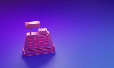 Pink Cash register machine with a check icon isolated on purple-blue background. Cashier sign. Cashbox symbol. Minimalism concept. 3D render illustration.の写真素材