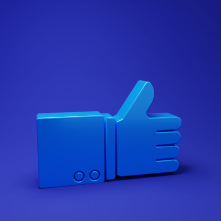 Blue Hand thumb up icon isolated on blue background. Minimalism concept. 3D render illustration.の写真素材