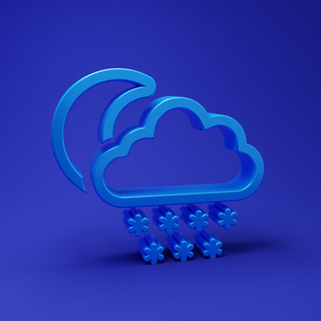 Blue Cloud with snow and moon icon isolated on blue background. Cloud with snowflakes. Single...