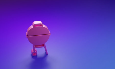 Pink Barbecue grill icon isolated on purple-blue background. BBQ grill party. Minimalism concept. 3D render illustration.の写真素材