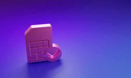 Pink Sim card icon isolated on purple-blue background. Mobile cellular phone sim card chip. Mobile telecommunications technology symbol. Minimalism concept. 3D render illustration.の写真素材