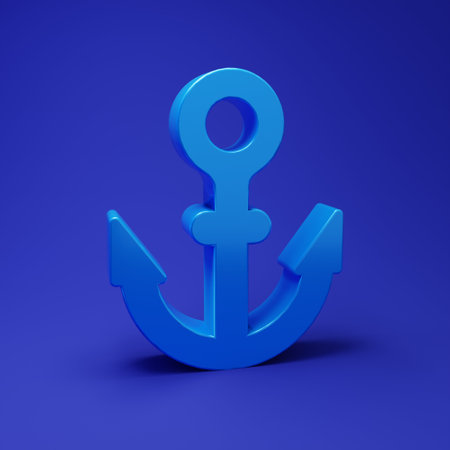 Blue Anchor icon isolated on blue background. Minimalism concept. 3D render illustration.の写真素材