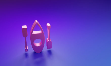Pink Kayak and paddle icon isolated on purple-blue background. Kayak and canoe for fishing and tourism. Outdoor activities. Minimalism concept. 3D render illustration.の写真素材