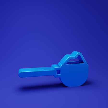 Blue Measuring cup with flour icon isolated on blue background. Baking Ingredients. Dough cooking. Minimalism concept. 3D render illustration.の写真素材