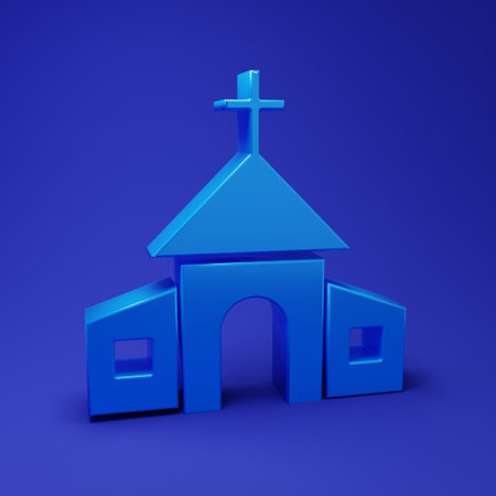 Blue Church building icon isolated on blue background. Christian Church. Religion of church. Minimalism concept. 3D render illustration.の写真素材