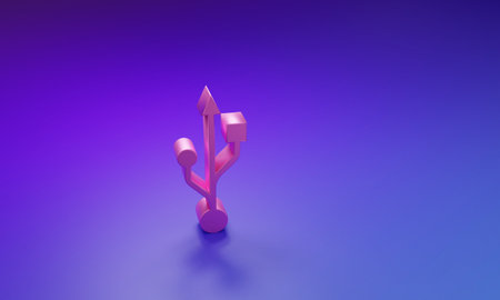 Pink USB symbol icon isolated on purple-blue background. Minimalism concept. 3D render illustration.の写真素材