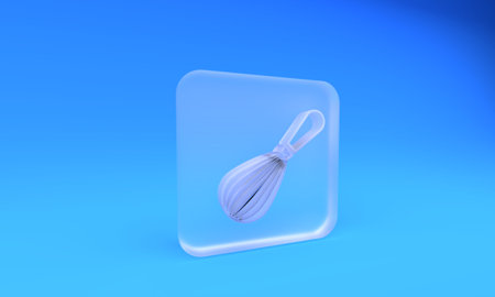 Frosted glass Kitchen whisk icon isolated on blue background. Cooking utensil, egg beater. Cutlery sign. Food mix symbol. Square frosted glass button. 3D render illustration.の写真素材