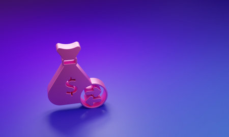 Pink Money bag icon isolated on purple-blue background. Dollar or USD symbol. Cash Banking currency sign. Minimalism concept. 3D render illustration.の写真素材