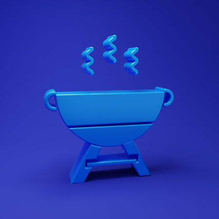 Blue Barbecue grill icon isolated on blue background. BBQ grill party. Minimalism concept. 3D render illustration.の写真素材