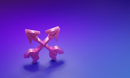 Pink Crossed arrows icon isolated on purple-blue background. Minimalism concept. 3D render illustration.の写真素材