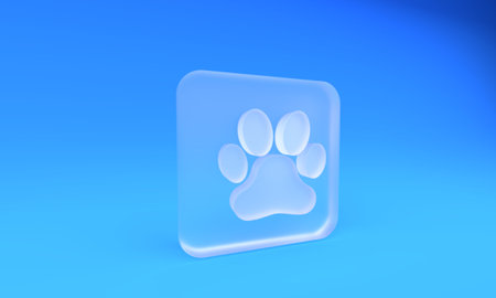 Frosted glass Paw print icon isolated on blue background. Dog or cat paw print. Animal track. Square frosted glass button. 3D render illustration.の写真素材