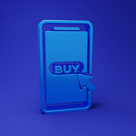 Blue Mobile phone and shopping cart icon isolated on blue background. Online buying symbol. Supermarket basket symbol. Minimalism concept. 3D render illustration.の写真素材
