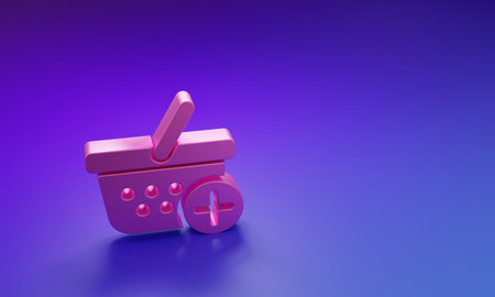 Pink Add to Shopping basket icon isolated on purple-blue background. Online buying concept. Delivery service sign. Supermarket basket symbol. Minimalism concept. 3D render illustration.の写真素材