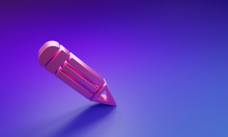 Pink Pencil icon isolated on purple-blue background. Education sign. Drawing and educational tools. School office symbol. Minimalism concept. 3D render illustration.の写真素材