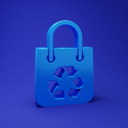 Blue Paper shopping bag with recycle icon isolated on blue background. Bag with recycling symbol. Minimalism concept. 3D render illustration.の写真素材