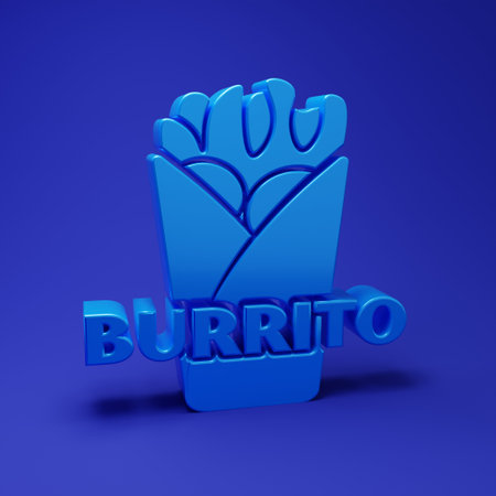 Blue Burrito icon isolated on blue background. Traditional Mexican fast food. Minimalism concept. 3D render illustration.の写真素材