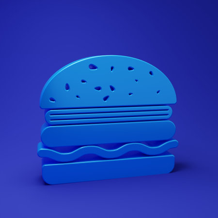 Blue Burger icon isolated on blue background. Hamburger icon. Cheeseburger sandwich sign. Minimalism concept. 3D render illustration.の写真素材