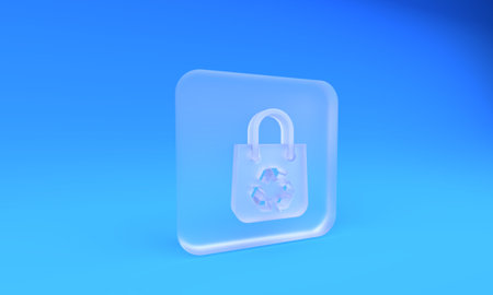 Frosted glass Paper shopping bag with recycle icon isolated on blue background. Bag with recycling symbol. Square frosted glass button. 3D render illustration.の写真素材