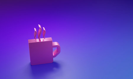 Pink Coffee cup icon isolated on purple-blue background. Tea cup. Hot drink coffee. Minimalism concept. 3D render illustration.の写真素材
