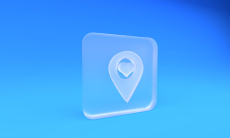 Frosted glass Map pointer with heart icon isolated on blue background. Square frosted glass button. 3D render illustration.の写真素材