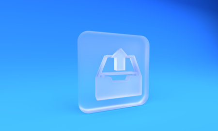 Frosted glass Upload inbox icon isolated on blue background. Extract files from archive. Square frosted glass button. 3D render illustration.の写真素材