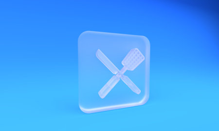 Frosted glass Crossed knife and spatula icon isolated on blue background. BBQ knife and spatula sign. Barbecue and grill tools. Square frosted glass button. 3D render illustration.の写真素材