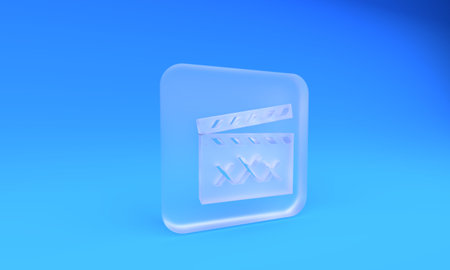 Frosted glass Movie clapper with inscription icon isolated on blue background. Age restriction symbol. 18 plus content sign. Square frosted glass button. 3D render illustration.の写真素材