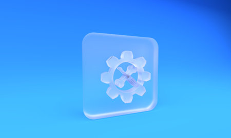 Frosted glass Maintenance symbol - wrench and screwdriver in gear icon isolated on blue background. Service tool symbol. Square frosted glass button. 3D render illustration.の写真素材