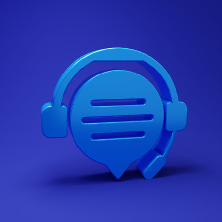 Blue Headphones with speech bubble chat icon isolated on blue background. Support customer service, hotline, call center, faq, maintenance. Minimalism concept. 3D render illustration.の写真素材