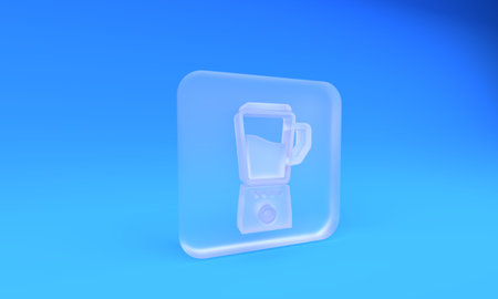 Frosted glass Blender icon isolated on blue background. Kitchen electric stationary blender with bowl. Cooking smoothies, cocktail or juice. Square frosted glass button. 3D render illustration.の写真素材