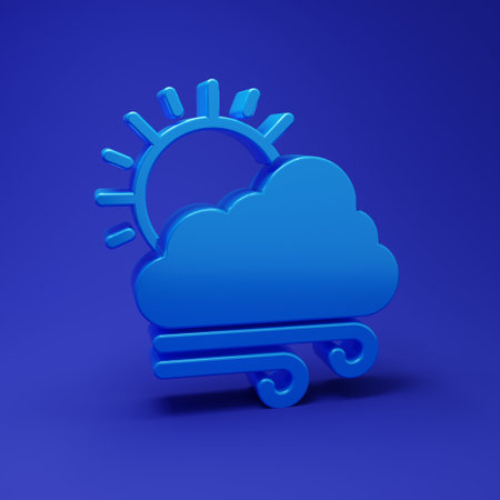 Blue Windy weather icon isolated on blue background. Cloud with sun and wind. Minimalism concept. 3D render illustration.の写真素材